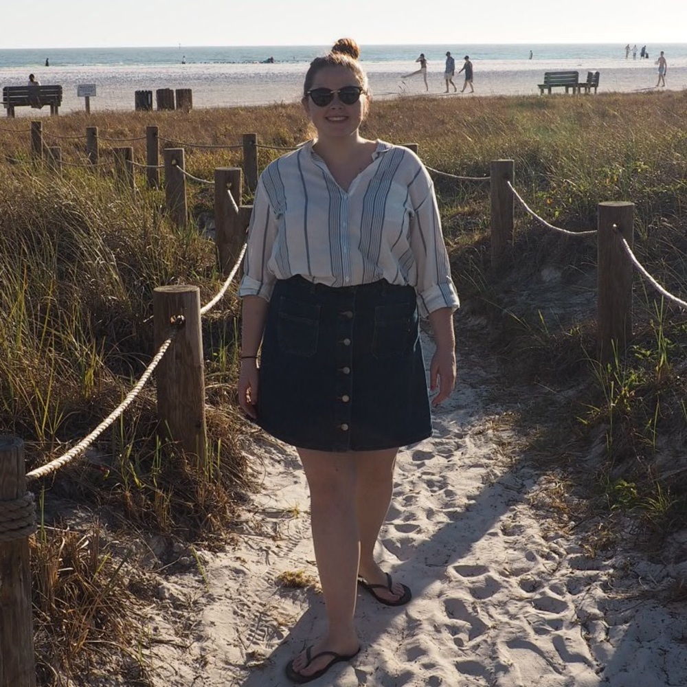 Light weight white and blue striped button up top